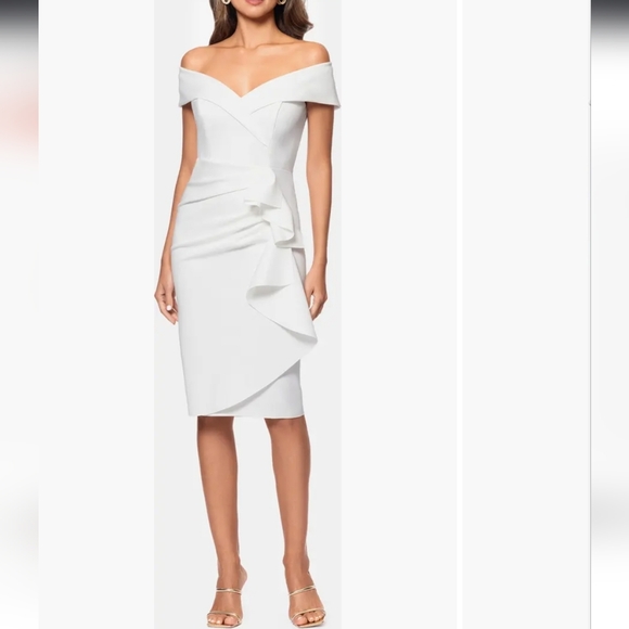 Xscape Ruffle Off the Shoulder Scuba Knit Cocktail Dress